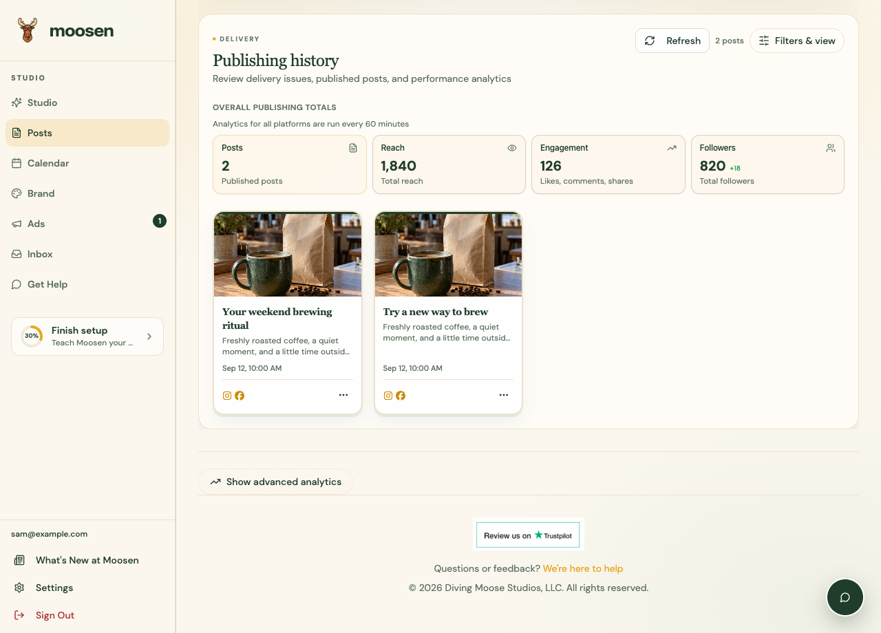 Posts performance view with published content and analytics controls.