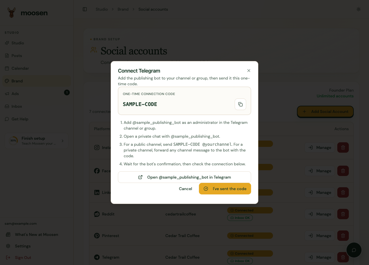Telegram connection dialog with a sample code and the connection steps.