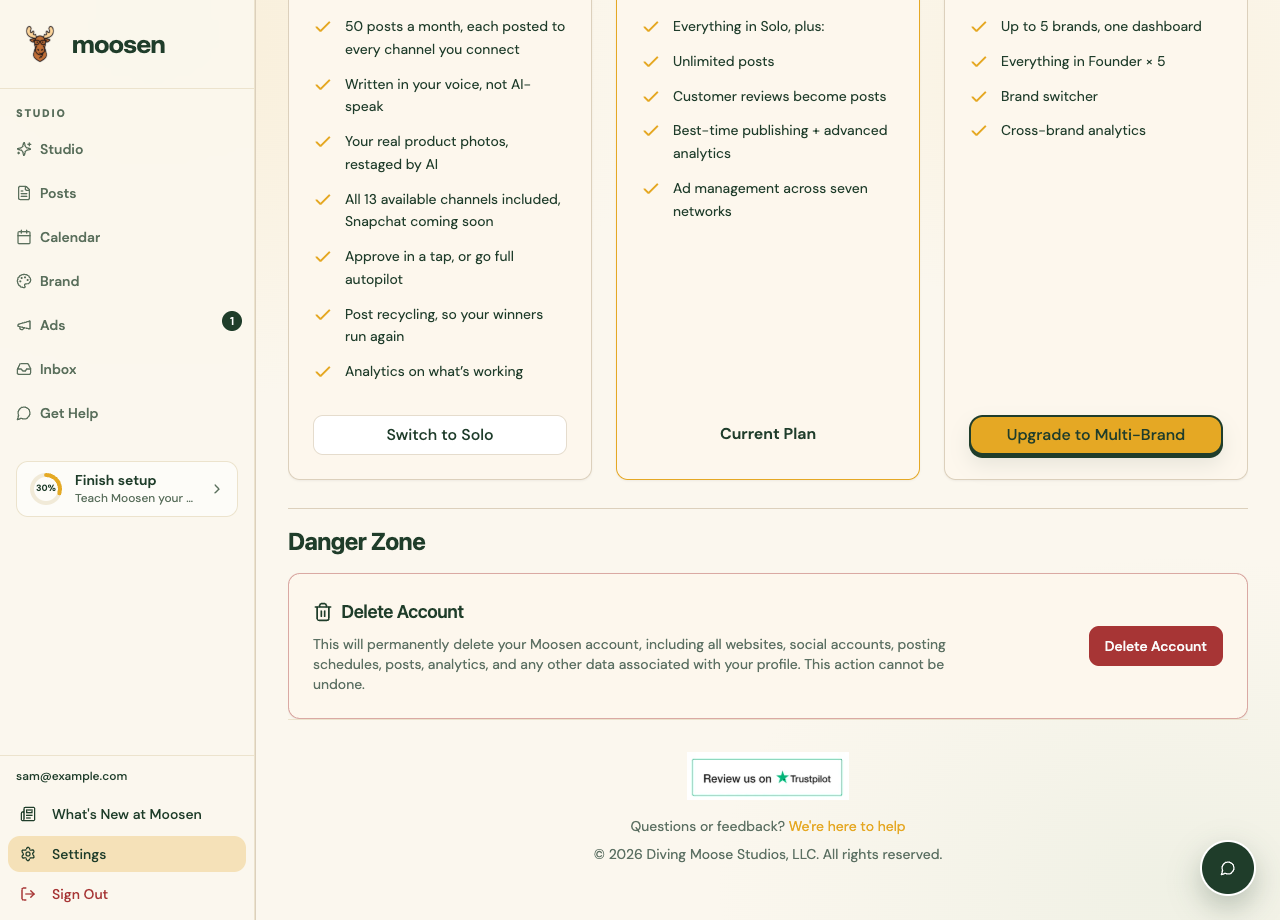 Settings Danger Zone showing the delete-account action.