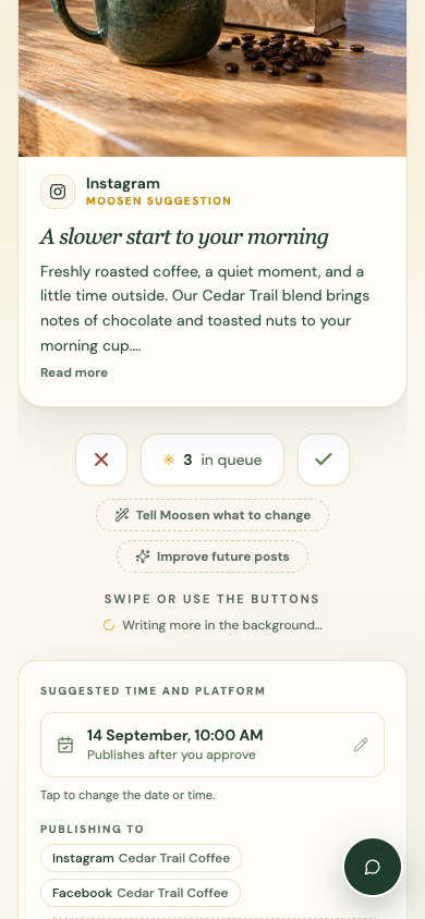 Moosen's real web interface shown at a phone-sized viewport with sample brand content.